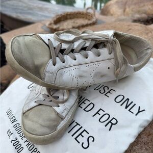 Original authentic Golden Goose superstar everyday tan and white sneakers shoes